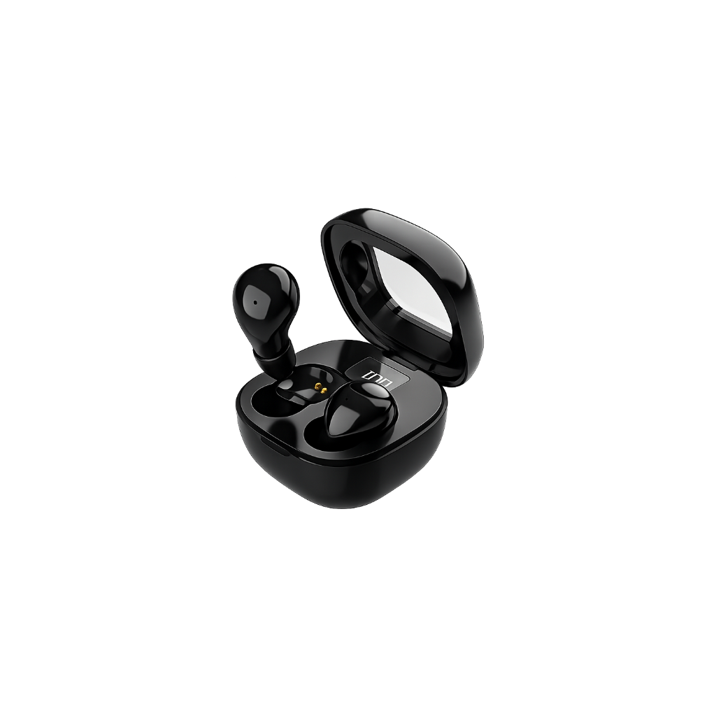 Black wireless earbuds with charging case on a white background
