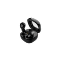 Black wireless earbuds with charging case on a white background